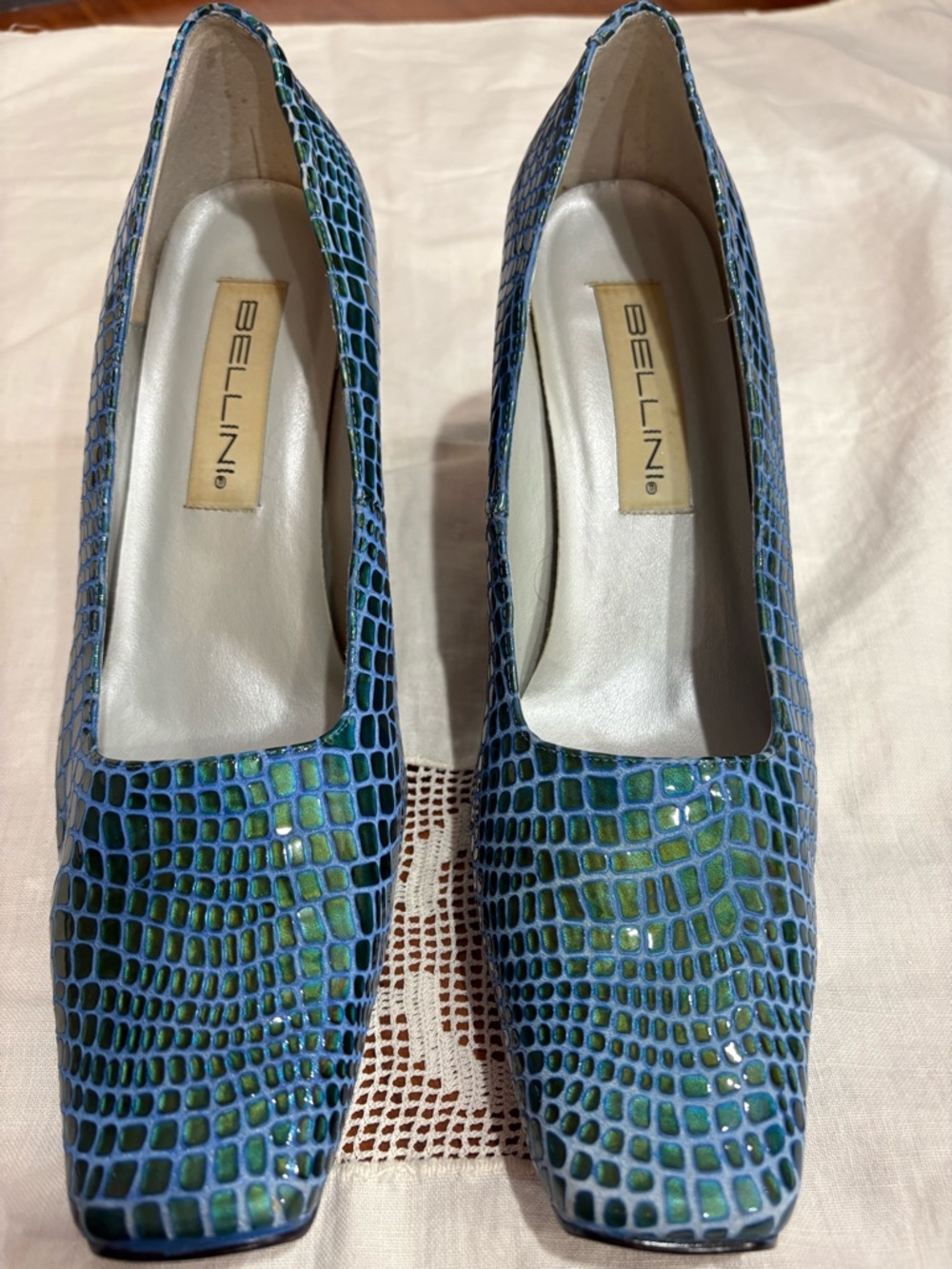 Bellini Blue and Green Leather Croc-Embossed Glossy Square Toe Pumps